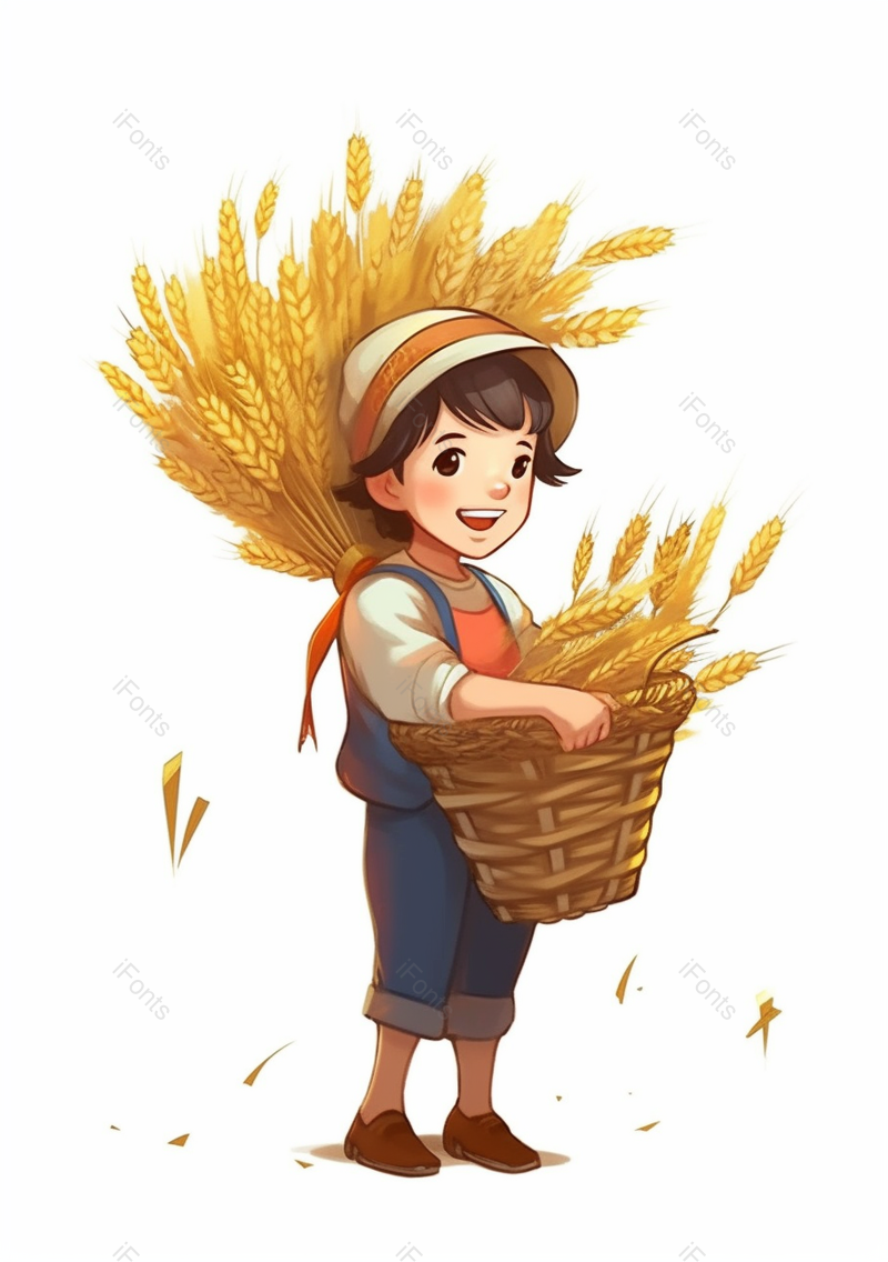 一个人小孩背麦穗收割收获麦子麦穗秋季丰收金色插画,插画/手绘图,插画/手绘图库,插画/手绘图下载,插画/手绘